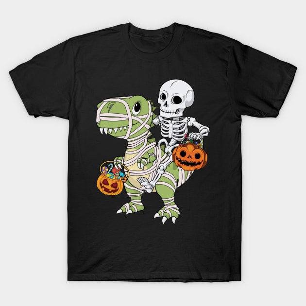 Skeleton Riding Mummy Dinosaur T Rex - Trick Rawr Treat T-Shirt by MasliankaStepan